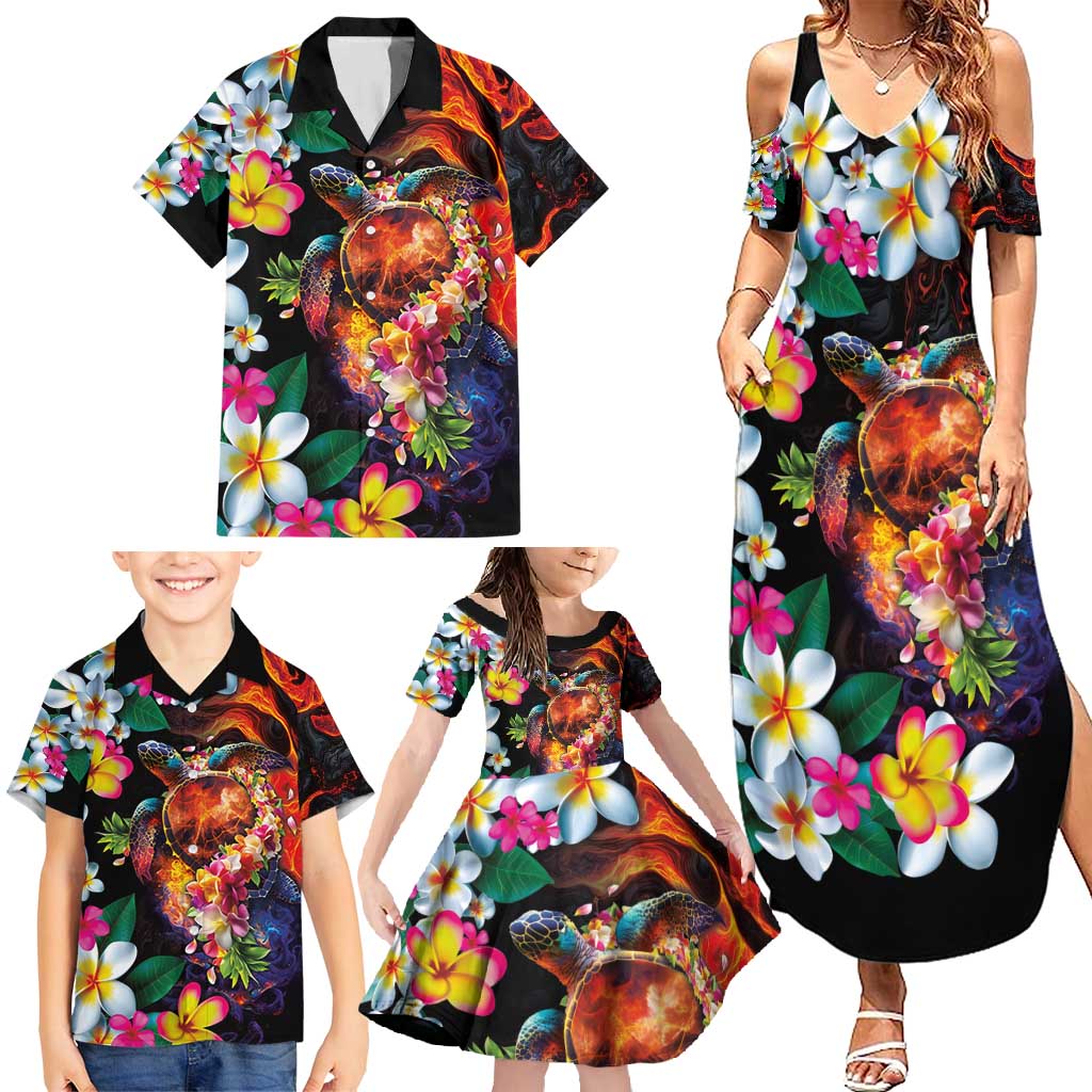 Hawaiian Lei Day Family Matching Summer Maxi Dress and Hawaiian Shirt Colorful Plumeria and Volcanic Turtle with Abstract Lava Texture LT03 - Polynesian Pride