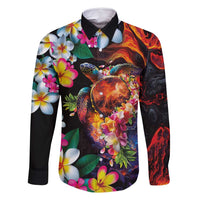 Hawaiian Lei Day Family Matching Summer Maxi Dress and Hawaiian Shirt Colorful Plumeria and Volcanic Turtle with Abstract Lava Texture LT03 Dad's Shirt - Long Sleeve Black - Polynesian Pride