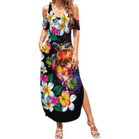 Hawaiian Lei Day Family Matching Summer Maxi Dress and Hawaiian Shirt Colorful Plumeria and Volcanic Turtle with Abstract Lava Texture LT03 Mom's Dress Black - Polynesian Pride