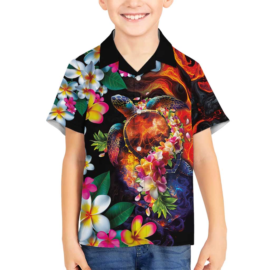 Hawaiian Lei Day Family Matching Tank Maxi Dress and Hawaiian Shirt Colorful Plumeria and Volcanic Turtle with Abstract Lava Texture LT03 Son's Shirt Black - Polynesian Pride
