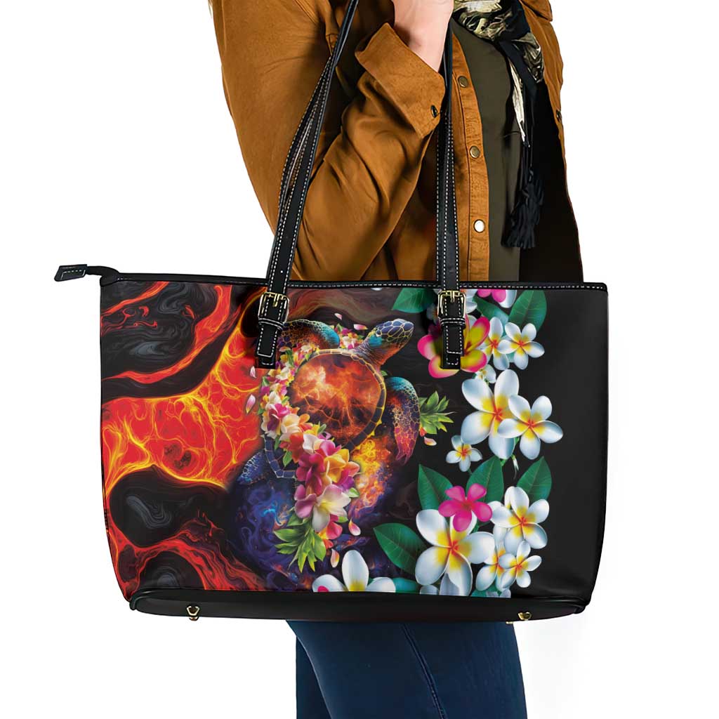 Hawaiian Lei Day Leather Tote Bag Colorful Plumeria and Volcanic Turtle with Abstract Lava Texture