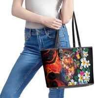 Hawaiian Lei Day Leather Tote Bag Colorful Plumeria and Volcanic Turtle with Abstract Lava Texture