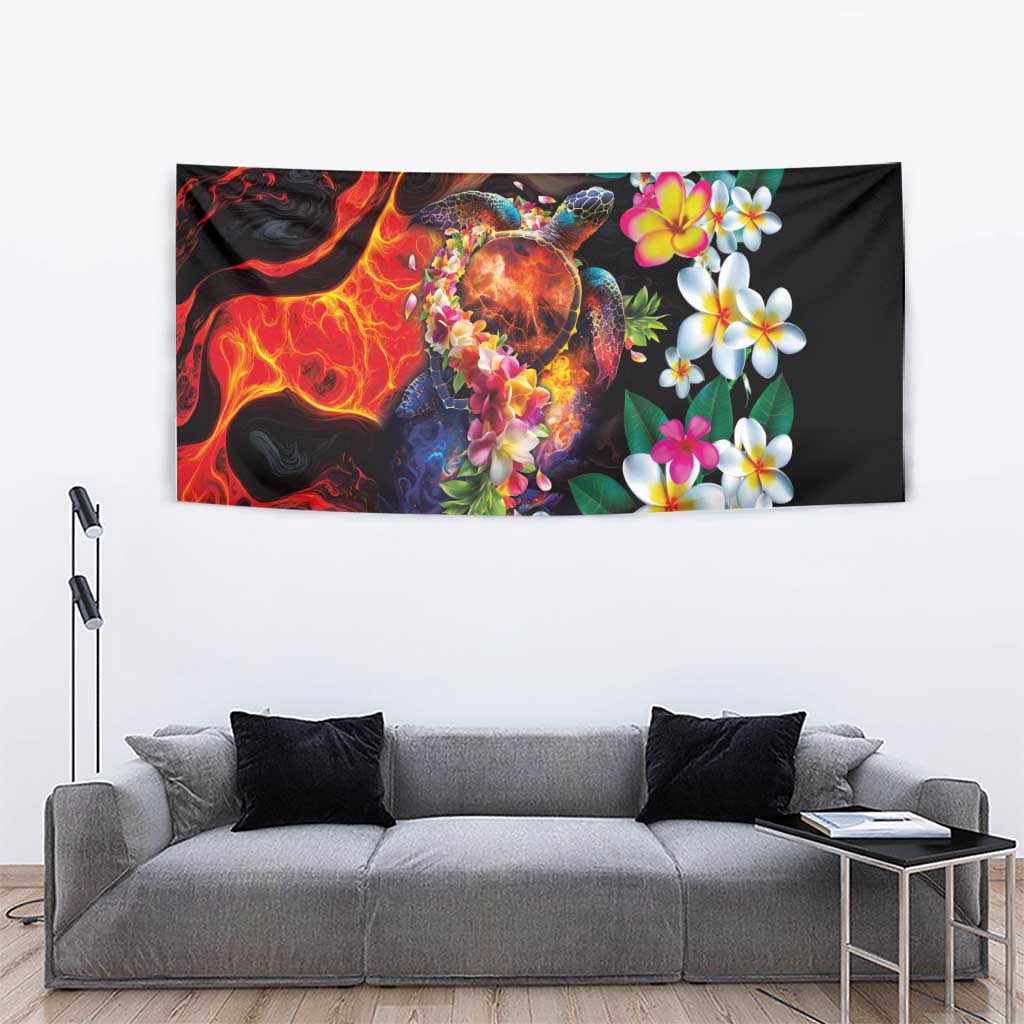 Hawaiian Lei Day Tapestry Colorful Plumeria and Volcanic Turtle with Abstract Lava Texture LT03 - Polynesian Pride