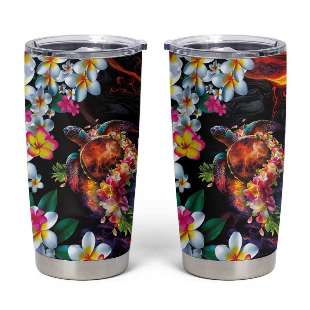 Hawaiian Lei Day Tumbler Cup Colorful Plumeria and Volcanic Turtle with Abstract Lava Texture LT03 Black - Polynesian Pride