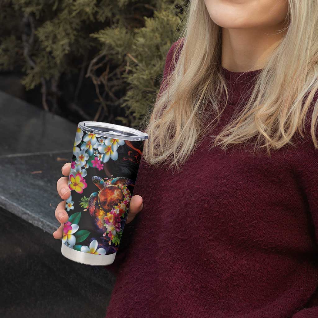 Hawaiian Lei Day Tumbler Cup Colorful Plumeria and Volcanic Turtle with Abstract Lava Texture LT03 - Polynesian Pride