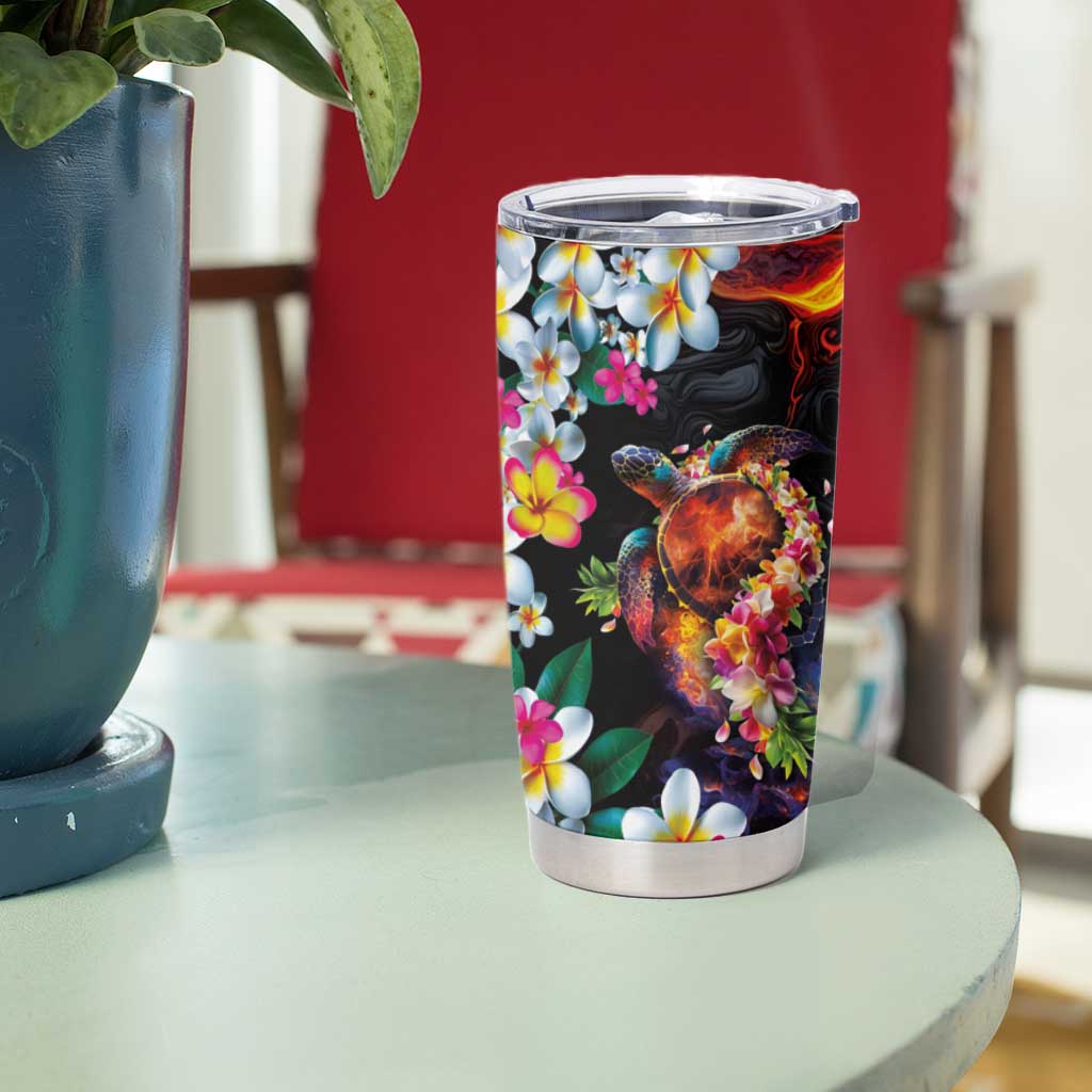 Hawaiian Lei Day Tumbler Cup Colorful Plumeria and Volcanic Turtle with Abstract Lava Texture LT03 - Polynesian Pride