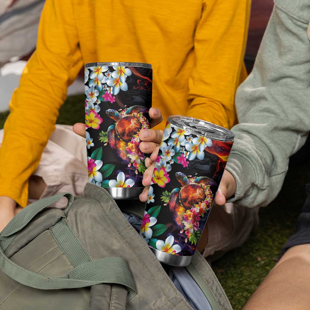 Hawaiian Lei Day Tumbler Cup Colorful Plumeria and Volcanic Turtle with Abstract Lava Texture LT03 - Polynesian Pride