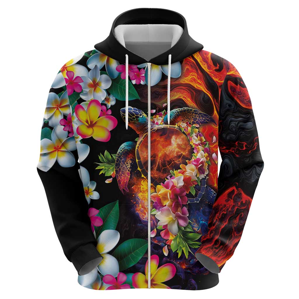 Hawaiian Lei Day Zip Hoodie Colorful Plumeria and Volcanic Turtle with Abstract Lava Texture