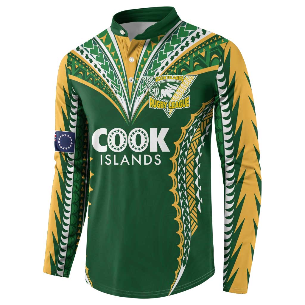 Custom Cook Islands Rugby League Button Sweatshirt Tatau Tribal Pattern-Special Edition Green Color LT03 - Polynesian Pride