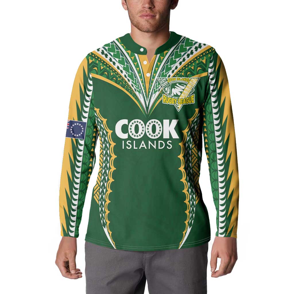 Custom Cook Islands Rugby League Button Sweatshirt Tatau Tribal Pattern-Special Edition Green Color LT03 - Polynesian Pride
