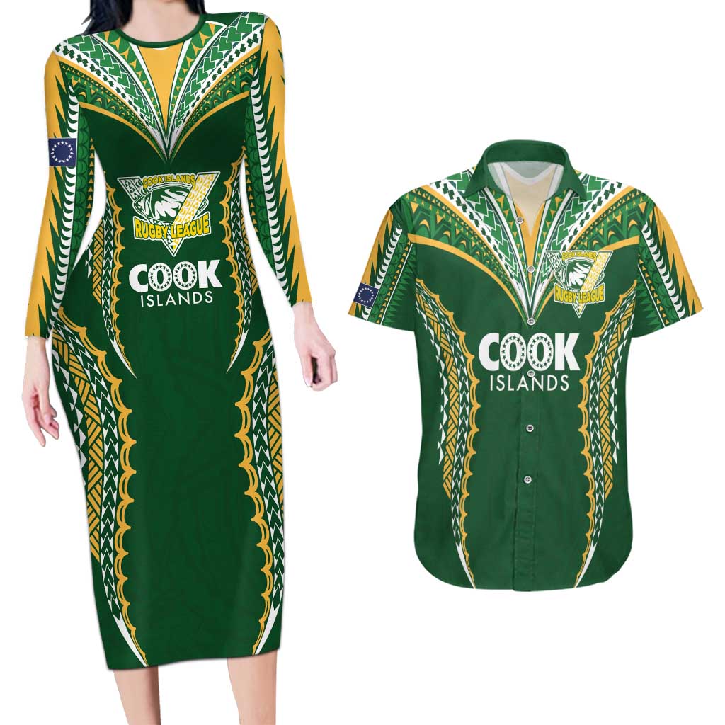 Custom Cook Islands Rugby League Couples Matching Long Sleeve Bodycon Dress and Hawaiian Shirt Tatau Tribal Pattern-Special Edition Green Color LT03 Green-Yellow - Polynesian Pride