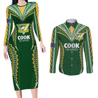 Custom Cook Islands Rugby League Couples Matching Long Sleeve Bodycon Dress and Long Sleeve Button Shirt Tatau Tribal Pattern-Special Edition Green Color LT03 Green-Yellow - Polynesian Pride