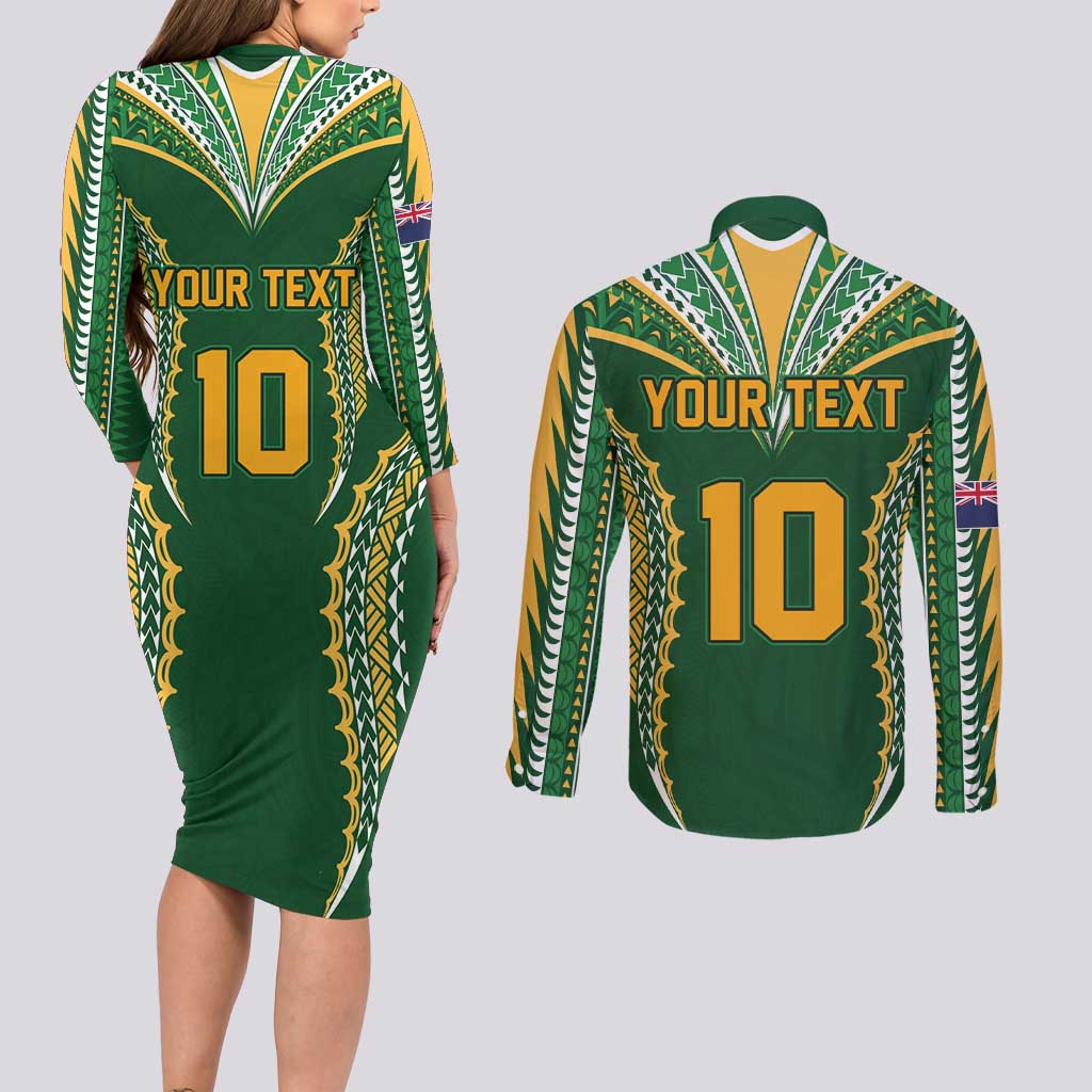 Custom Cook Islands Rugby League Couples Matching Long Sleeve Bodycon Dress and Long Sleeve Button Shirt Tatau Tribal Pattern-Special Edition Green Color LT03 - Polynesian Pride