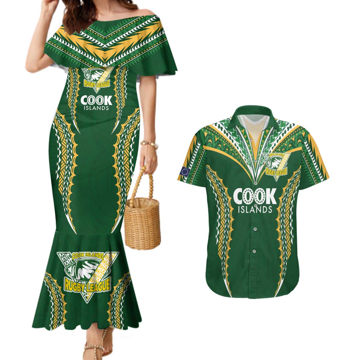Custom Cook Islands Rugby League Couples Matching Mermaid Dress and Hawaiian Shirt Tatau Tribal Pattern-Special Edition Green Color LT03 Green-Yellow - Polynesian Pride