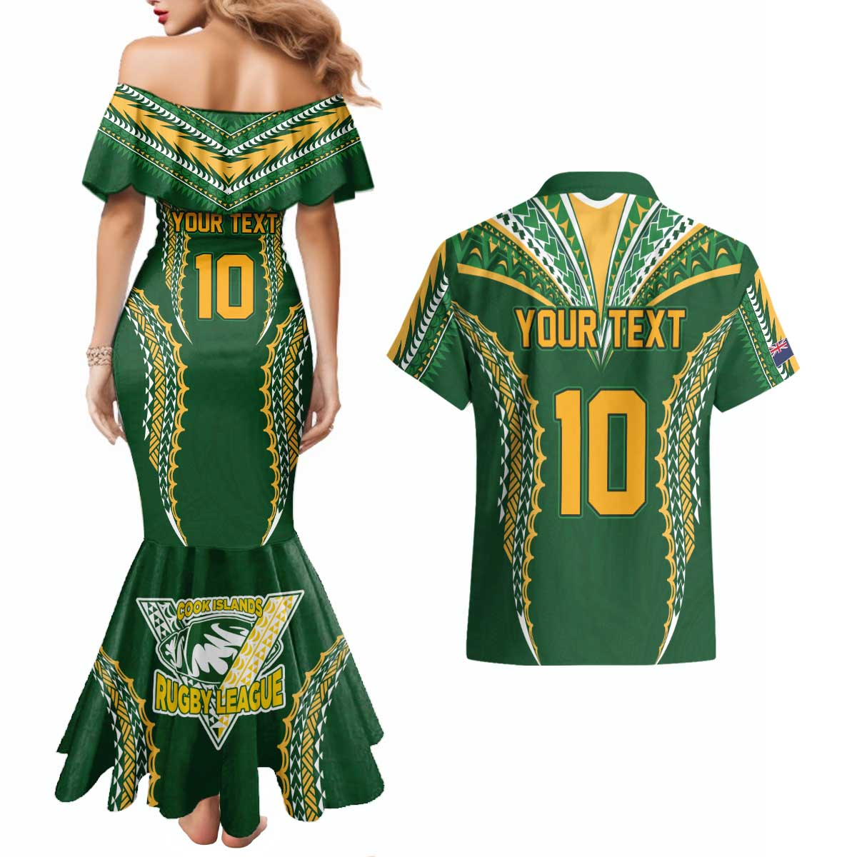 Custom Cook Islands Rugby League Couples Matching Mermaid Dress and Hawaiian Shirt Tatau Tribal Pattern-Special Edition Green Color LT03 - Polynesian Pride