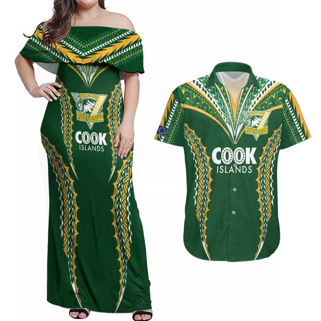 Custom Cook Islands Rugby League Couples Matching Off Shoulder Maxi Dress and Hawaiian Shirt Tatau Tribal Pattern-Special Edition Green Color LT03 Green-Yellow - Polynesian Pride
