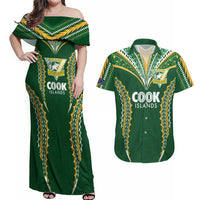 Custom Cook Islands Rugby League Couples Matching Off Shoulder Maxi Dress and Hawaiian Shirt Tatau Tribal Pattern-Special Edition Green Color LT03 Green-Yellow - Polynesian Pride