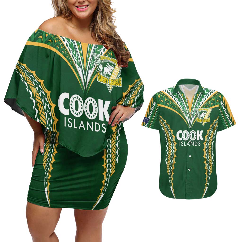 Custom Cook Islands Rugby League Couples Matching Off Shoulder Short Dress and Hawaiian Shirt Tatau Tribal Pattern-Special Edition Green Color LT03 Green-Yellow - Polynesian Pride