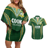 Custom Cook Islands Rugby League Couples Matching Off Shoulder Short Dress and Hawaiian Shirt Tatau Tribal Pattern-Special Edition Green Color LT03 Green-Yellow - Polynesian Pride