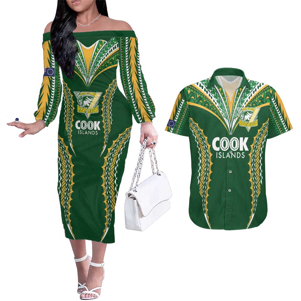 Custom Cook Islands Rugby League Couples Matching Off The Shoulder Long Sleeve Dress and Hawaiian Shirt Tatau Tribal Pattern-Special Edition Green Color LT03 Green-Yellow - Polynesian Pride