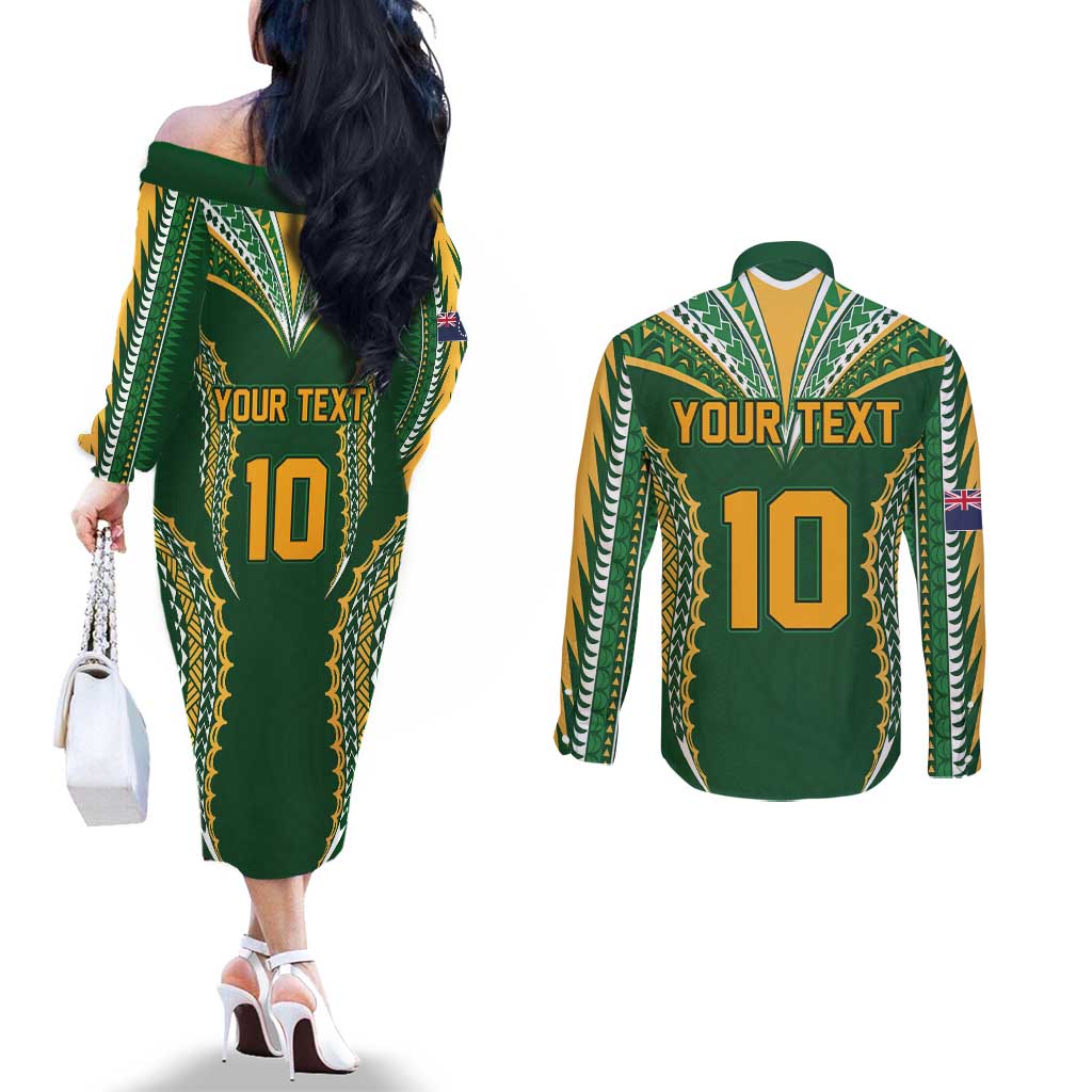 Custom Cook Islands Rugby League Couples Matching Off The Shoulder Long Sleeve Dress and Long Sleeve Button Shirt Tatau Tribal Pattern-Special Edition Green Color LT03 - Polynesian Pride