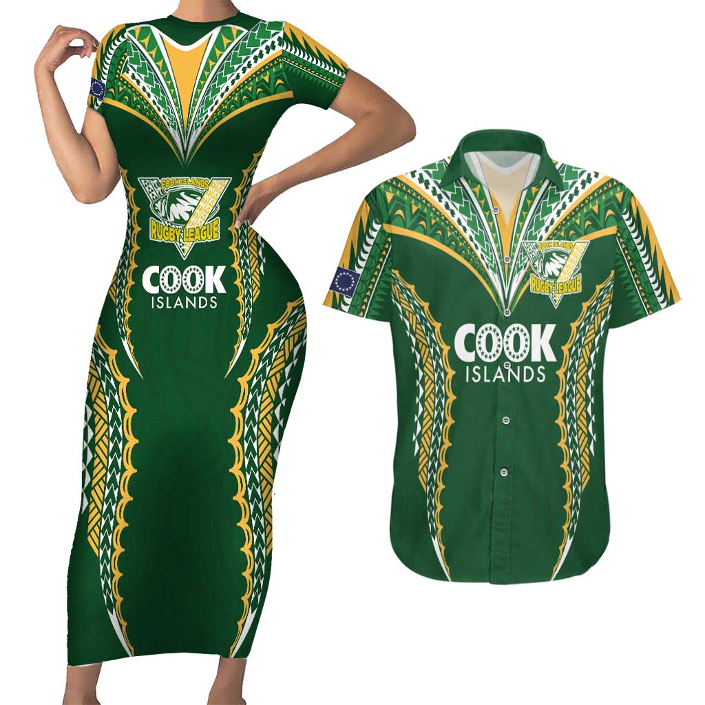 Custom Cook Islands Rugby League Couples Matching Short Sleeve Bodycon Dress and Hawaiian Shirt Tatau Tribal Pattern-Special Edition Green Color LT03 Green-Yellow - Polynesian Pride