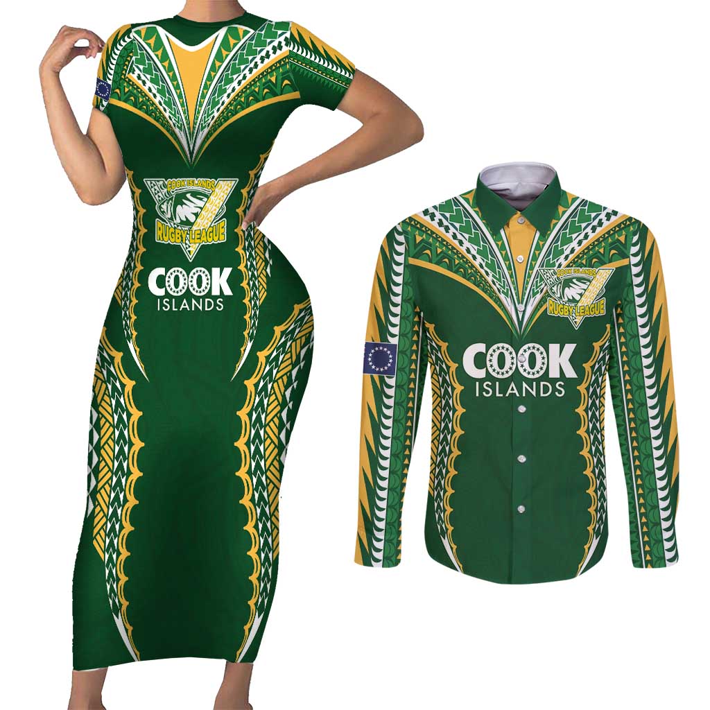 Custom Cook Islands Rugby League Couples Matching Short Sleeve Bodycon Dress and Long Sleeve Button Shirt Tatau Tribal Pattern-Special Edition Green Color LT03 Green-Yellow - Polynesian Pride