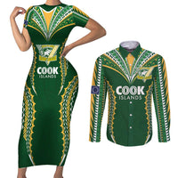 Custom Cook Islands Rugby League Couples Matching Short Sleeve Bodycon Dress and Long Sleeve Button Shirt Tatau Tribal Pattern-Special Edition Green Color LT03 Green-Yellow - Polynesian Pride