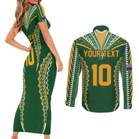 Custom Cook Islands Rugby League Couples Matching Short Sleeve Bodycon Dress and Long Sleeve Button Shirt Tatau Tribal Pattern-Special Edition Green Color LT03 - Polynesian Pride