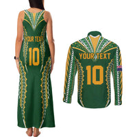 Custom Cook Islands Rugby League Couples Matching Tank Maxi Dress and Long Sleeve Button Shirt Tatau Tribal Pattern-Special Edition Green Color LT03 - Polynesian Pride