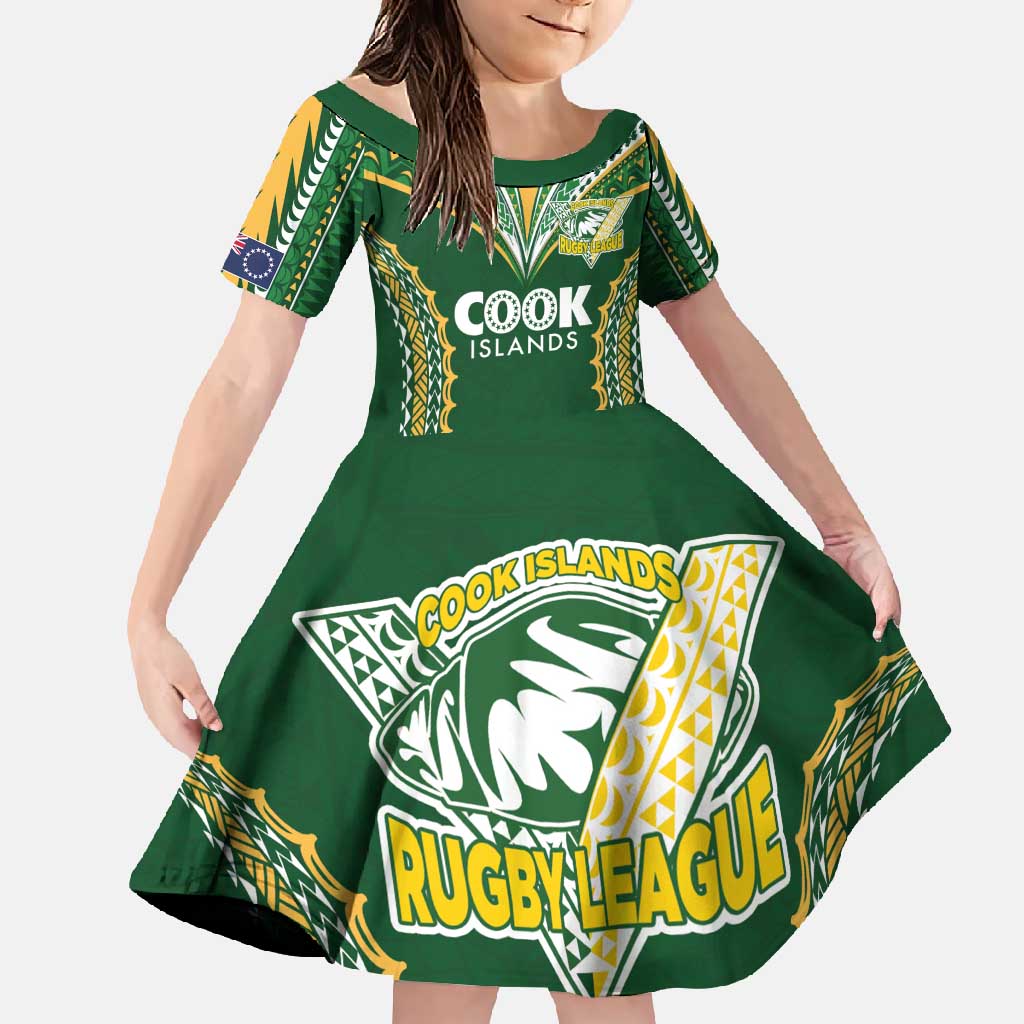 Custom Cook Islands Rugby League Family Matching Long Sleeve Bodycon Dress and Hawaiian Shirt Tatau Tribal Pattern-Special Edition Green Color LT03 Daughter's Dress Green-Yellow - Polynesian Pride