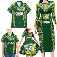 Custom Cook Islands Rugby League Family Matching Long Sleeve Bodycon Dress and Hawaiian Shirt Tatau Tribal Pattern-Special Edition Green Color LT03 - Polynesian Pride