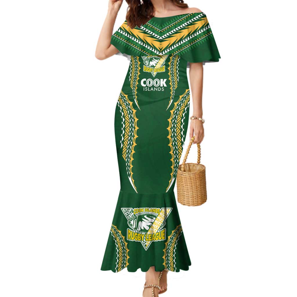 Custom Cook Islands Rugby League Family Matching Mermaid Dress and Hawaiian Shirt Tatau Tribal Pattern-Special Edition Green Color LT03 Mom's Dress Green-Yellow - Polynesian Pride