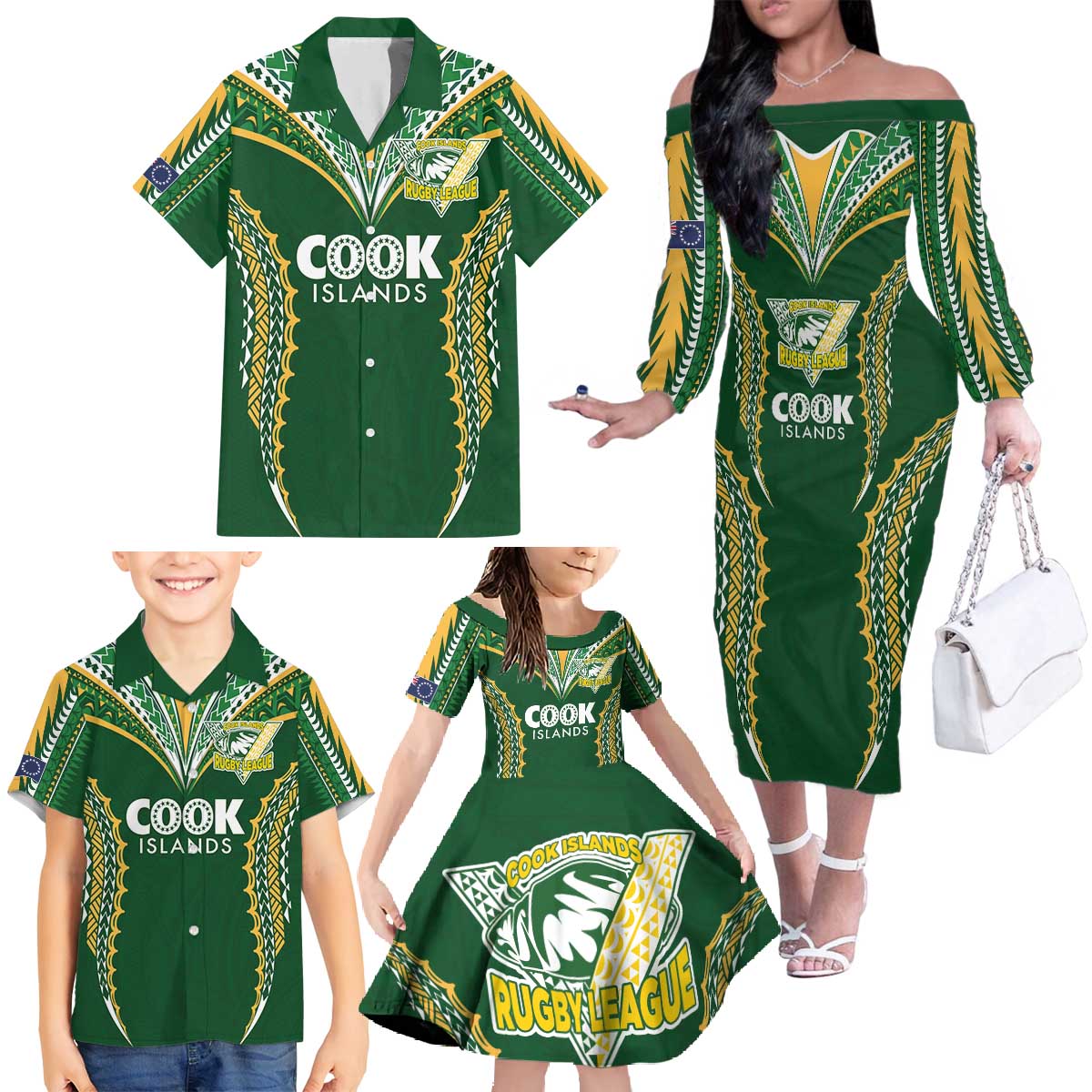Custom Cook Islands Rugby League Family Matching Off The Shoulder Long Sleeve Dress and Hawaiian Shirt Tatau Tribal Pattern-Special Edition Green Color LT03 - Polynesian Pride