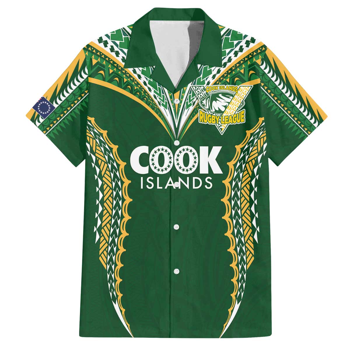 Custom Cook Islands Rugby League Family Matching Off The Shoulder Long Sleeve Dress and Hawaiian Shirt Tatau Tribal Pattern-Special Edition Green Color LT03 Dad's Shirt - Short Sleeve Green-Yellow - Polynesian Pride