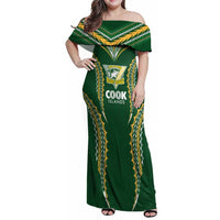 Custom Cook Islands Rugby League Family Matching Off Shoulder Maxi Dress and Hawaiian Shirt Tatau Tribal Pattern-Special Edition Green Color LT03 Mom's Dress Green-Yellow - Polynesian Pride