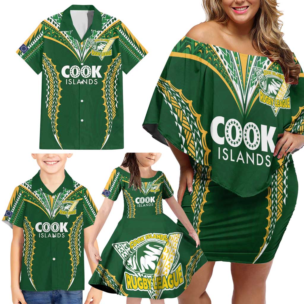 Custom Cook Islands Rugby League Family Matching Off Shoulder Short Dress and Hawaiian Shirt Tatau Tribal Pattern-Special Edition Green Color LT03 - Polynesian Pride