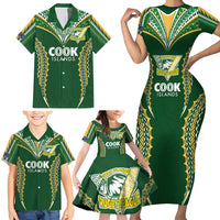 Custom Cook Islands Rugby League Family Matching Short Sleeve Bodycon Dress and Hawaiian Shirt Tatau Tribal Pattern-Special Edition Green Color LT03 - Polynesian Pride