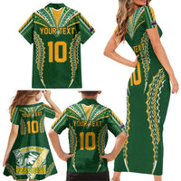 Custom Cook Islands Rugby League Family Matching Short Sleeve Bodycon Dress and Hawaiian Shirt Tatau Tribal Pattern-Special Edition Green Color LT03 - Polynesian Pride