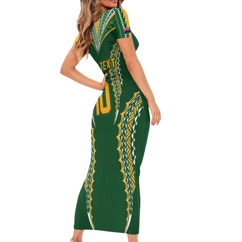 Custom Cook Islands Rugby League Family Matching Short Sleeve Bodycon Dress and Hawaiian Shirt Tatau Tribal Pattern-Special Edition Green Color LT03 - Polynesian Pride