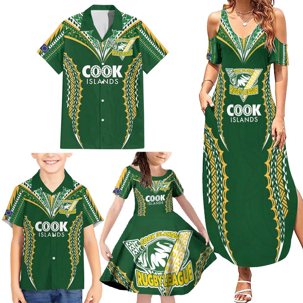 Custom Cook Islands Rugby League Family Matching Summer Maxi Dress and Hawaiian Shirt Tatau Tribal Pattern-Special Edition Green Color LT03 - Polynesian Pride