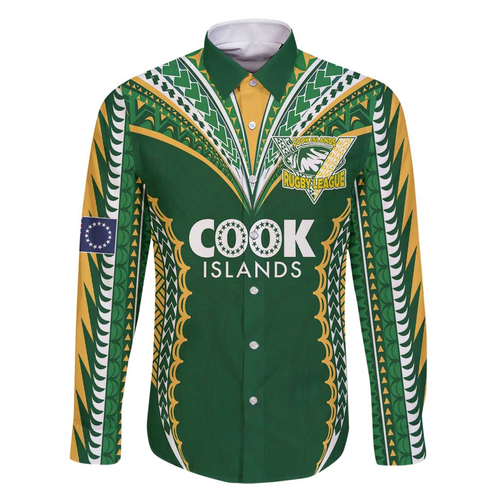 Custom Cook Islands Rugby League Family Matching Summer Maxi Dress and Hawaiian Shirt Tatau Tribal Pattern-Special Edition Green Color LT03 Dad's Shirt - Long Sleeve Green-Yellow - Polynesian Pride