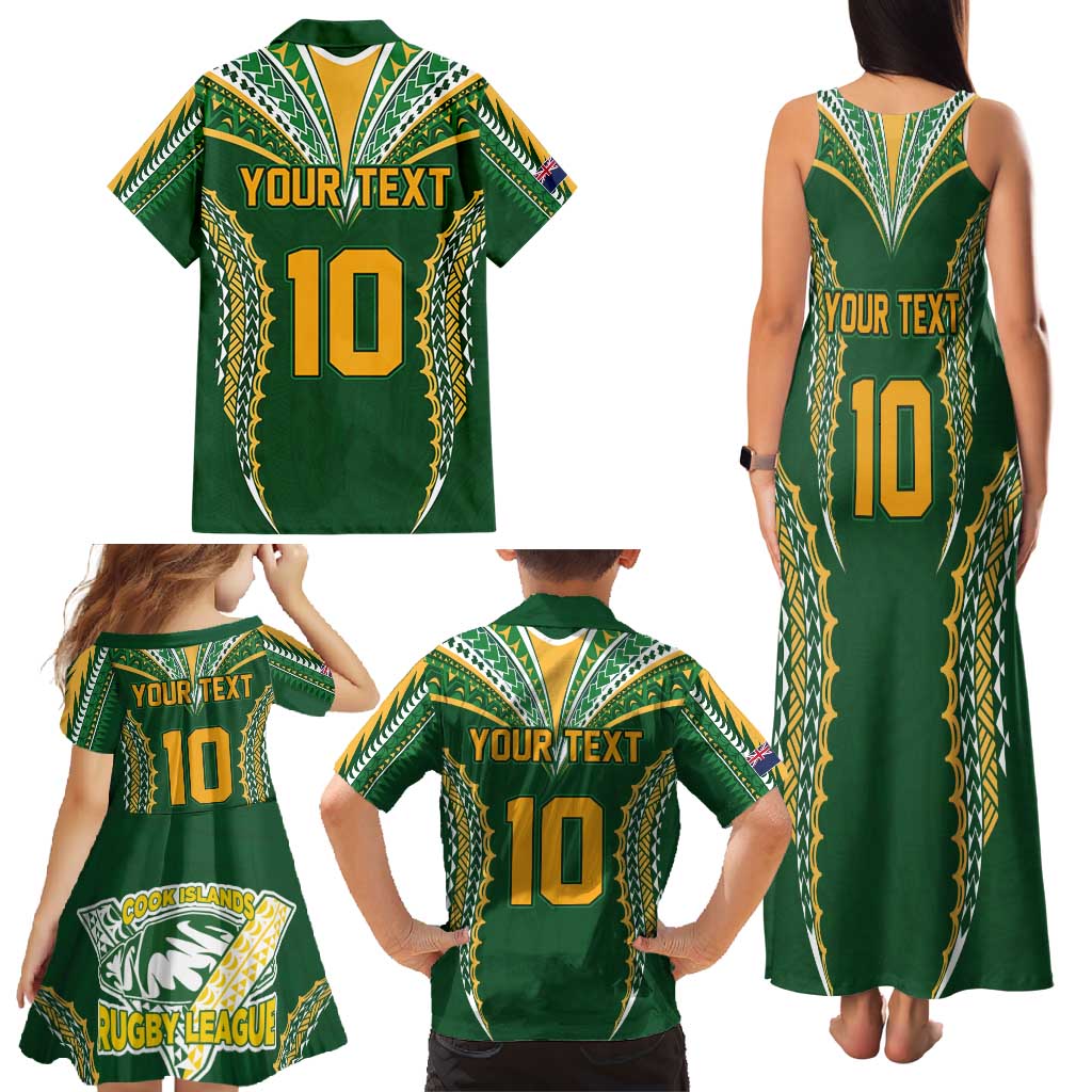 Custom Cook Islands Rugby League Family Matching Tank Maxi Dress and Hawaiian Shirt Tatau Tribal Pattern-Special Edition Green Color LT03 - Polynesian Pride