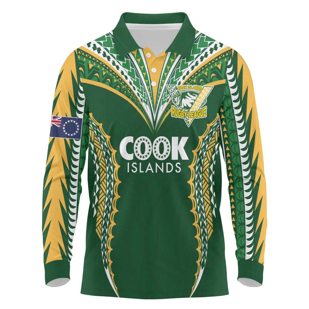 Custom Cook Islands Rugby League Long Sleeve Polo Shirt Tatau Tribal Pattern-Special Edition Green Color