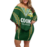 Custom Cook Islands Rugby League Off Shoulder Short Dress Tatau Tribal Pattern-Special Edition Green Color
