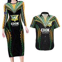 Custom Cook Islands Rugby League Couples Matching Long Sleeve Bodycon Dress and Hawaiian Shirt Tatau Tribal Pattern-Special Edition Black Color LT03 Green-Black - Polynesian Pride