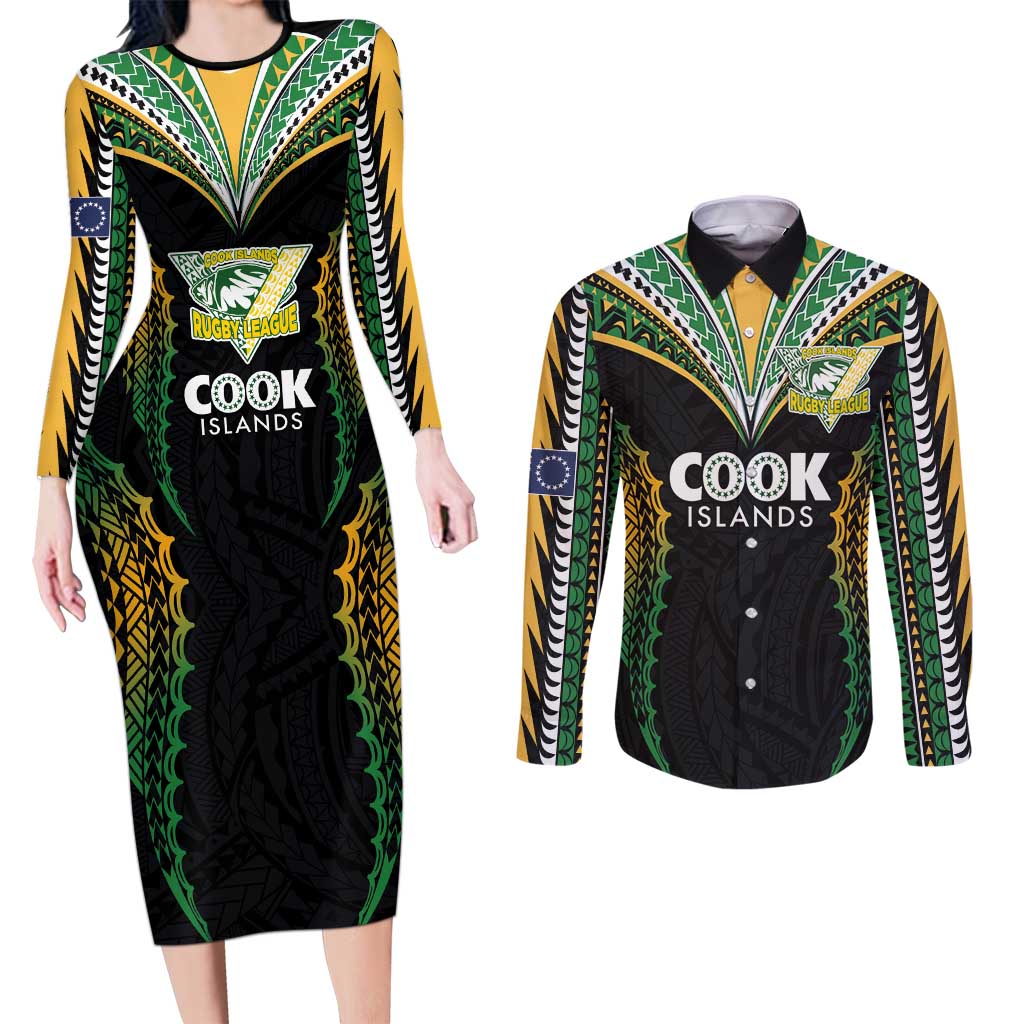 Custom Cook Islands Rugby League Couples Matching Long Sleeve Bodycon Dress and Long Sleeve Button Shirt Tatau Tribal Pattern-Special Edition Black Color LT03 Green-Black - Polynesian Pride