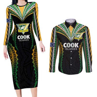 Custom Cook Islands Rugby League Couples Matching Long Sleeve Bodycon Dress and Long Sleeve Button Shirt Tatau Tribal Pattern-Special Edition Black Color LT03 Green-Black - Polynesian Pride