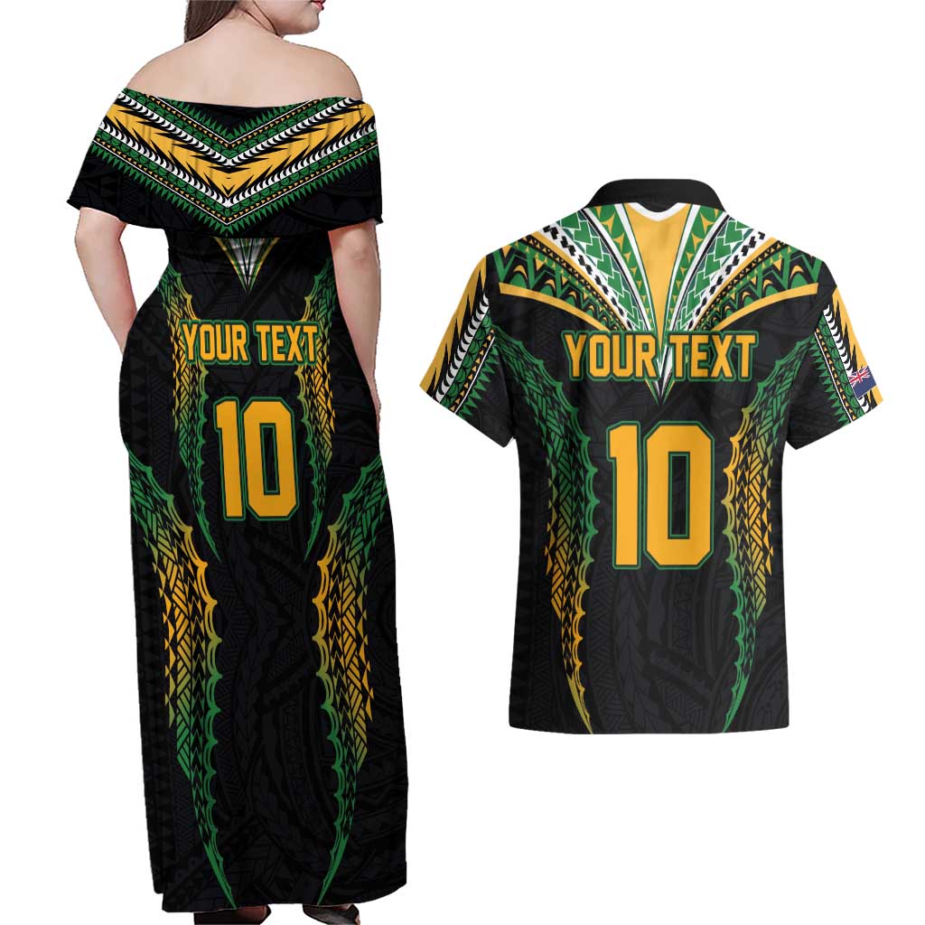 Custom Cook Islands Rugby League Couples Matching Off Shoulder Maxi Dress and Hawaiian Shirt Tatau Tribal Pattern-Special Edition Black Color LT03 - Polynesian Pride