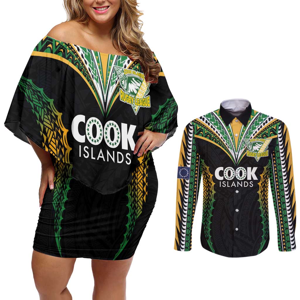Custom Cook Islands Rugby League Couples Matching Off Shoulder Short Dress and Long Sleeve Button Shirt Tatau Tribal Pattern-Special Edition Black Color LT03 Green-Black - Polynesian Pride